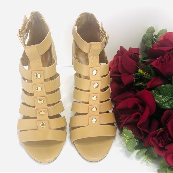 Aldo Strappy Stiletto Sandals/Booties Size 7.5 Tan Leather Open Toe High Heels - Picture 4 of 16